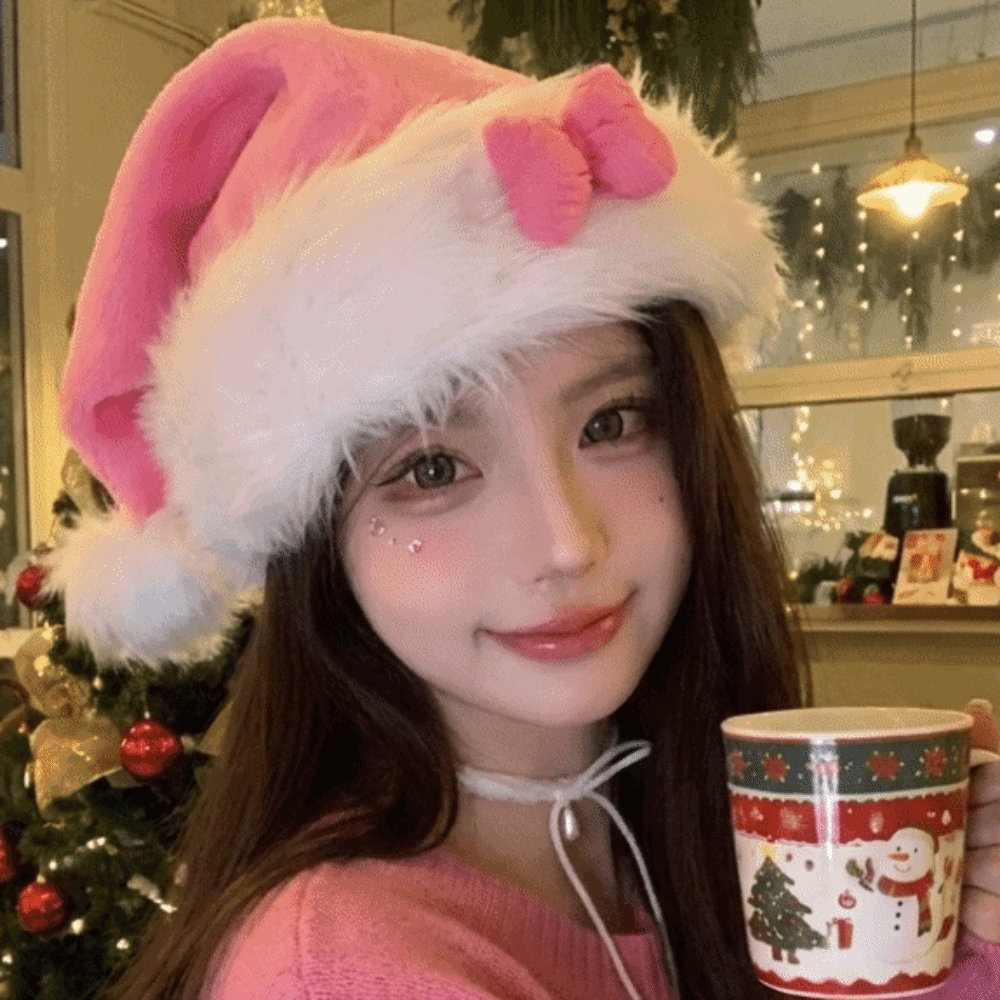 Santa Hat Plush - Neue Sternmuster-Weihnachtsmütze mit rosa Schleife, flauschige,